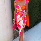 Caroline || Elegant Spaghetti-strap Floral Print Sleeveless Slit Slim High Waist Sheath Dress