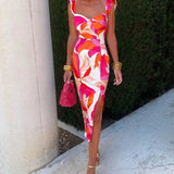 Caroline || Elegant Spaghetti-strap Floral Print Sleeveless Slit Slim High Waist Sheath Dress