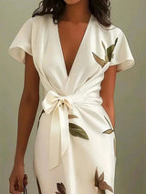 Fashion Satin Printed Belted Dress