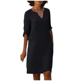 Nora || Cotton And Linen V-neck Dress Summer Stitching Retro High Waist Pure Color Dresses