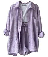 Lapel Long Sleeved Shirt Shorts Set