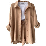 Lapel Long Sleeved Shirt Shorts Set