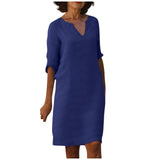 Nora || Cotton And Linen V-neck Dress Summer Stitching Retro High Waist Pure Color Dresses