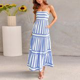 Charlotte|| Summer Striped Printed Suspender Long Dress With Pockets Fashion Square Neck Backless Dresses For Beach Vacation Women Clothing