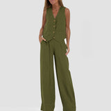 Vest Suits V-neck Botton Sleeveless Top And Loose Straight Trousers
