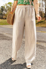 Apricot Linen-Blend Drawstring Waist Loose Pants