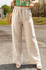 Apricot Linen-Blend Drawstring Waist Loose Pants