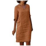 Nora || Cotton And Linen V-neck Dress Summer Stitching Retro High Waist Pure Color Dresses