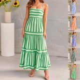 Charlotte|| Summer Striped Printed Suspender Long Dress With Pockets Fashion Square Neck Backless Dresses For Beach Vacation Women Clothing