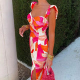 Caroline || Elegant Spaghetti-strap Floral Print Sleeveless Slit Slim High Waist Sheath Dress