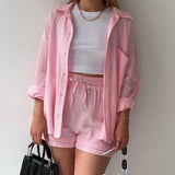 Lapel Long Sleeved Shirt Shorts Set