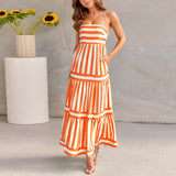 Charlotte|| Summer Striped Printed Suspender Long Dress With Pockets Fashion Square Neck Backless Dresses For Beach Vacation Women Clothing