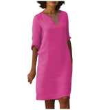 Nora || Cotton And Linen V-neck Dress Summer Stitching Retro High Waist Pure Color Dresses