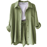 Lapel Long Sleeved Shirt Shorts Set