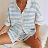 Luna || Contrast Color Top Lapel Shirt Striped Shorts Suit