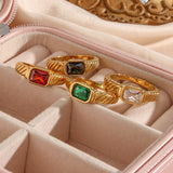 Stainless Steel Waterproof Black White Green Zircon Ring