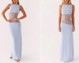 Slim lace satin patchwork - backless long dress