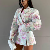 European and American fashion loose suit skirt two-piece set long sleeved lapel top printed high waisted short skirt