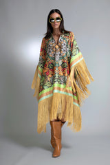 Auric Garden Fringed Satin Kaftan Dress