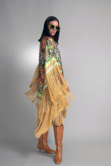 Auric Garden Fringed Satin Kaftan Dress