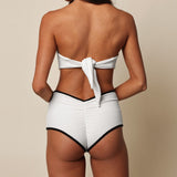 Cream (Black Binded) Terry Rib Tori Ties Bandeau Bikini Top