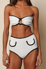 Cream (Black Binded) Terry Rib Tori Ties Bandeau Bikini Top