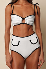 Cream (Black Binded) Terry Rib Tori Ties Bandeau Bikini Top