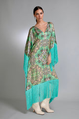 Aqua Bloom Fringed Satin Kaftan Dress