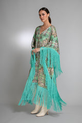 Aqua Bloom Fringed Satin Kaftan Dress