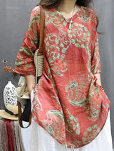Retro Print Cotton Linen Five-Quarter Sleeve Shirt Women Summer New Loose Slimming Midi V-neck Linen Top Women