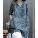 Retro Print Linen Short Sleeve Shirt Dress Women Summer Thin Loose Slimming Casual Cotton Linen Five-Quarter Sleeve Top