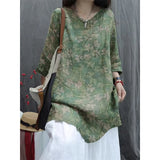 Retro Print Linen Short Sleeve Shirt Dress Women Summer Thin Loose Slimming Casual Cotton Linen Five-Quarter Sleeve Top