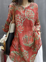 Retro Print Cotton Linen Five-Quarter Sleeve Shirt Women Summer New Loose Slimming Midi V-neck Linen Top Women