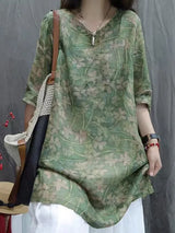 Retro Print Linen Short Sleeve Shirt Dress Women Summer Thin Loose Slimming Casual Cotton Linen Five-Quarter Sleeve Top