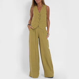 Vest Suits V-neck Botton Sleeveless Top And Loose Straight Trousers