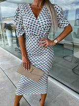 V-neck Short-sleeved Print Slim Mid-length Skirt