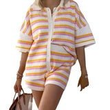 Luna || Contrast Color Top Lapel Shirt Striped Shorts Suit