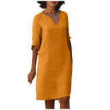 Nora || Cotton And Linen V-neck Dress Summer Stitching Retro High Waist Pure Color Dresses