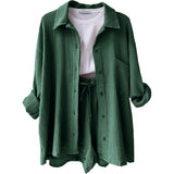 Lapel Long Sleeved Shirt Shorts Set