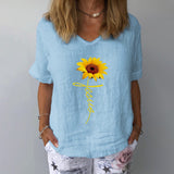 Beach Luxe Elegant Linen Cotton Women Loose Shirt Summer V Neck Short Light Blue A / 2XL