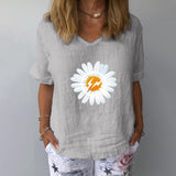 Beach Luxe Elegant Linen Cotton Women Loose Shirt Summer V Neck Short Shirts & Tops Grey / 2XL