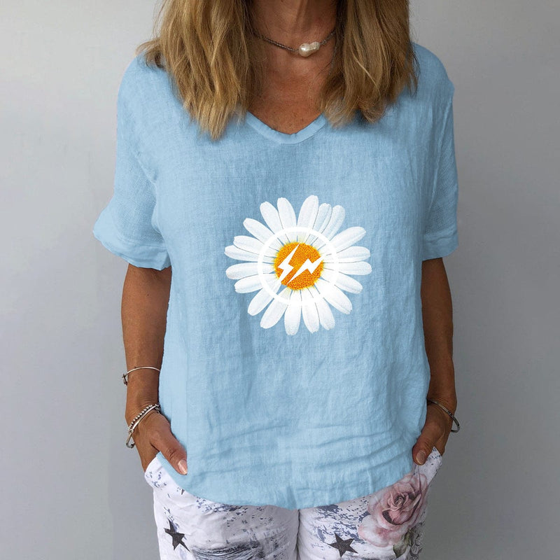 Beach Luxe Elegant Linen Cotton Women Loose Shirt Summer V Neck Short Shirts & Tops Light Blue / 2XL