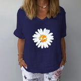 Beach Luxe Elegant Linen Cotton Women Loose Shirt Summer V Neck Short Shirts & Tops Navy Blue / 2XL