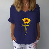 Beach Luxe Elegant Linen Cotton Women Loose Shirt Summer V Neck Short Shirts & Tops Navy Blue A / 2XL