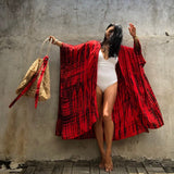 Beach Luxe Sexy Bikini Cover-ups Boho Printed Fringed Long Kimono Carfigan Tunic Women Plus Size Beach Wear Swim Suit Red / One size
