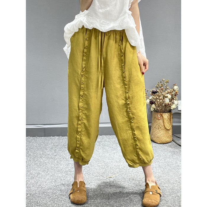 Beach Luxe Washed Cotton And Linen Wooden Ear Slimming Tappered Harem Pants For Women Yellow / 2XL