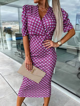 V-neck Short-sleeved Print Slim Mid-length Skirt