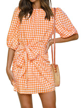 Georgie|| Spring And Summer Plaid Girdle Belt Fold Three-quarter Sleeve Dress Women's Clothing
