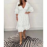 Alice || High Waisted Embroidered Solid V-neck Dress