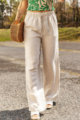 Apricot Linen-Blend Drawstring Waist Loose Pants